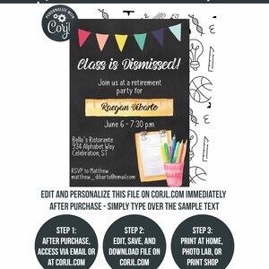 Op de afbeelding: Een bewerkbare uitnodiging voor een afscheidsfeest met een krijtbordachtergrond en kleurrijke vlaggetjes. De tekst luidt "Class is Dismissed!" en bevat de naam "Raegan Dibarto" en de datum "June 6 - 7:30 pm".
