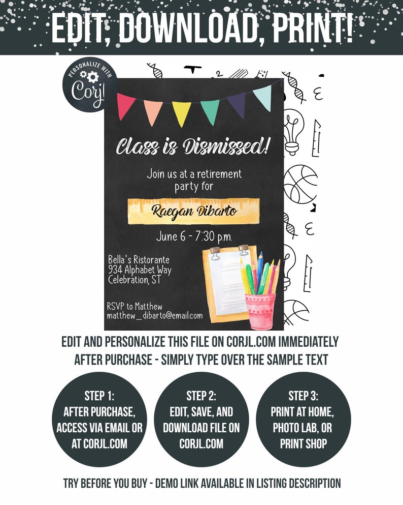Op de afbeelding: Een bewerkbare uitnodiging voor een afscheidsfeest met een krijtbordachtergrond en kleurrijke vlaggetjes. De tekst luidt "Class is Dismissed!" en bevat de naam "Raegan Dibarto" en de datum "June 6 - 7:30 pm".
