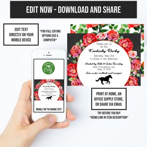 May include: An editable digital invitation for a Kentucky Derby party, featuring a black background, red roses and a black silhouette of a horse. The text reads "Please join us for the Kentucky Derby, Saturday, May 2nd, 4 o'clock in the afternoon, Hosted by Seth & Julia Ferriday, 83415 Thoroughbred Lane, Rosey, ST 12345, Join us for cocktails and canapes!"