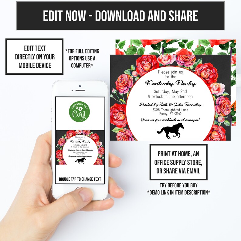May include: An editable digital invitation for a Kentucky Derby party, featuring a black background, red roses and a black silhouette of a horse. The text reads "Please join us for the Kentucky Derby, Saturday, May 2nd, 4 o'clock in the afternoon, Hosted by Seth & Julia Ferriday, 83415 Thoroughbred Lane, Rosey, ST 12345, Join us for cocktails and canapes!"