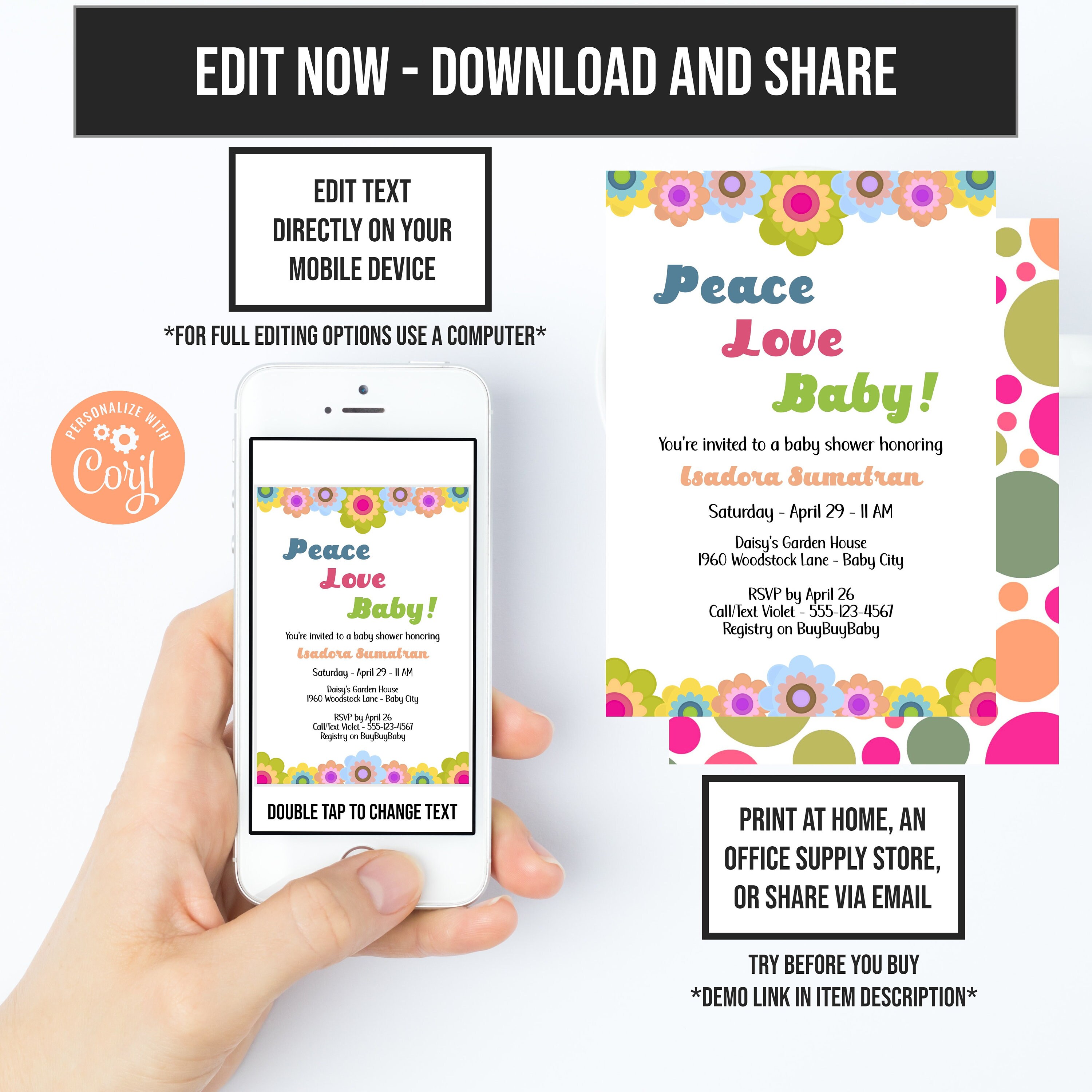 Peace Love Baby 60s Party Theme Flower Power Invitation Cute Shower Invites Instant Access Retro Flower Invitation