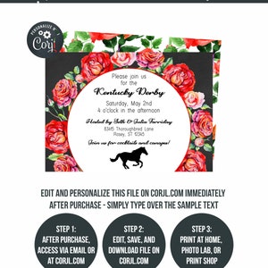 May include: Editable Kentucky Derby invitation template with a black background and a wreath of red roses. The text reads "Please join us for the Kentucky Derby, Saturday, May 2nd, 4 o'clock in the afternoon, Hosted by Seth & Julia Forriday, 83415 Thoroughbred Lane, Rosey, ST 12345, Join us for cocktails and canapes!"