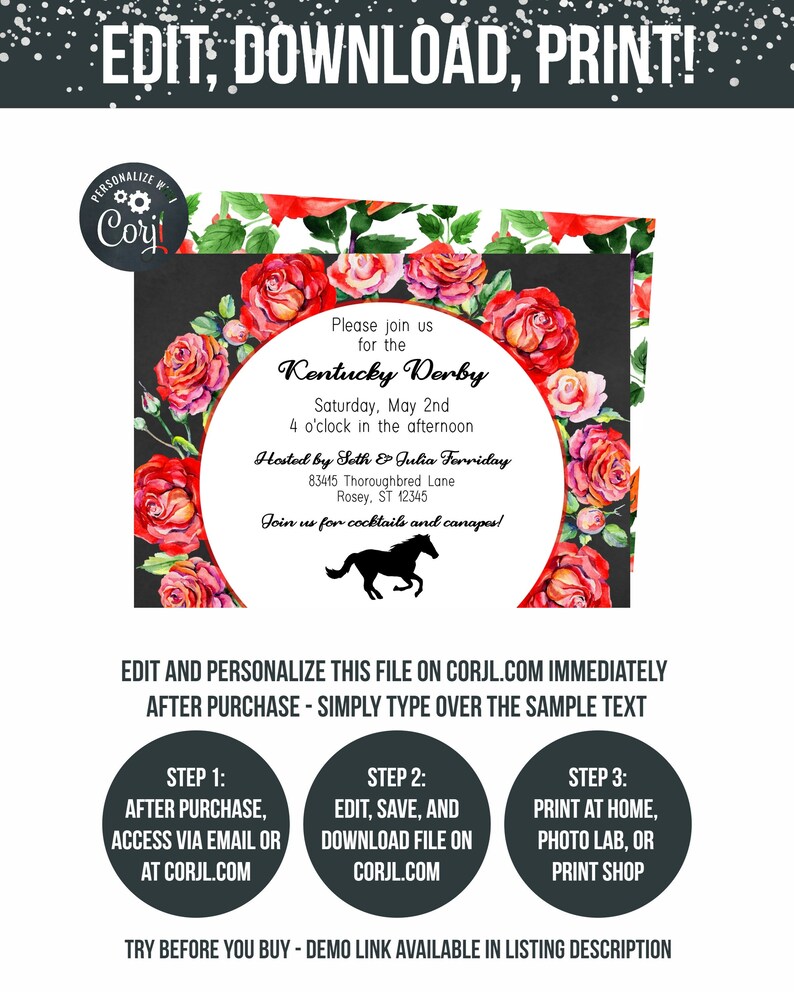 May include: Editable Kentucky Derby invitation template with a black background and a wreath of red roses. The text reads "Please join us for the Kentucky Derby, Saturday, May 2nd, 4 o'clock in the afternoon, Hosted by Seth & Julia Forriday, 83415 Thoroughbred Lane, Rosey, ST 12345, Join us for cocktails and canapes!"