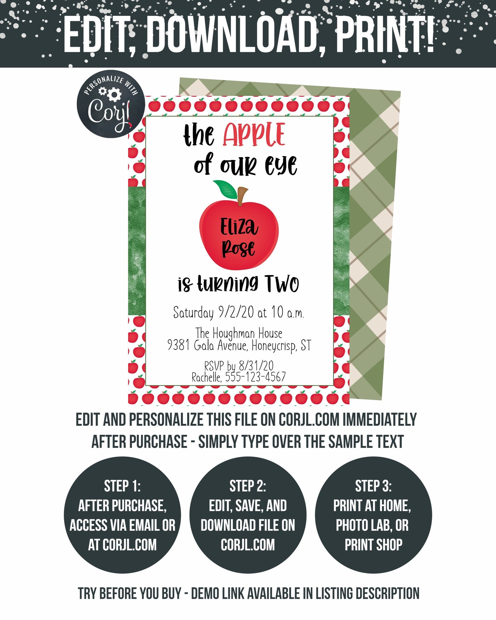 Apple Birthday Invitation 1st Birthday Invite Apple Party Etsy UK