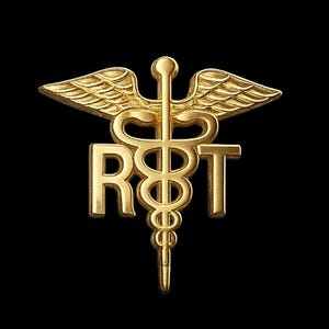 May include: A gold-colored RRT medical emblem, featuring the Rod of Asclepius with wings and the letters "RRT". The emblem is set against a black background, highlighting the intricate details of the design.