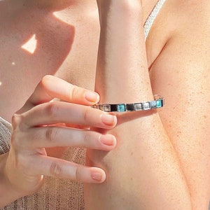 Boho Style Geometric Squares Bracelet, Silver Statement Bracelet for Women, Bohemian Chic Gift for Her, Unique Color Block Bangle Jewelry