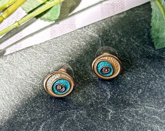 Boucles d'oreilles spirales style bohème, bijoux tendance bleu sarcelle et or, cadeau bohème abstrait mauvais œil, ensemble de bijoux tourbillon géométrique unique