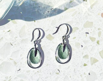 Boho Style Double Oval Earrings, Silver & Green Statement Earrings for Women, Bohemian Chic Gift for Her, Unique Open Oval Geometric Jewelry