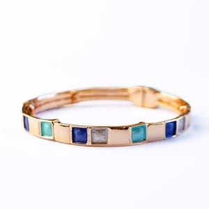 Multi Color Geometric Squares Bangle Bracelet Rose Gold Blue Aqua Pearl Statement Bracelet for Women Bohemian Chic Gift for Her Unique Block