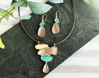 Boho Style Abstract Teardrop Pendant Necklace & Earring Set, Rose Gold Statement Jewelry Bohemian Chic Gift for Her Unique Geometric Jewelry