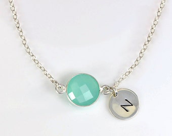 Custom Bridesmaid Jewelry, March Birthstone Necklace Birthstone Initial Necklace Aquamarine Necklace Aqua Chalcedony Necklace Mother's Day