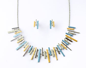 Boho Style Cluster Bar Necklace & Earrings Set, Geometric Statement Necklace for Women, Bohemian Sun Ray Unique Rectangular Bar Sunshine