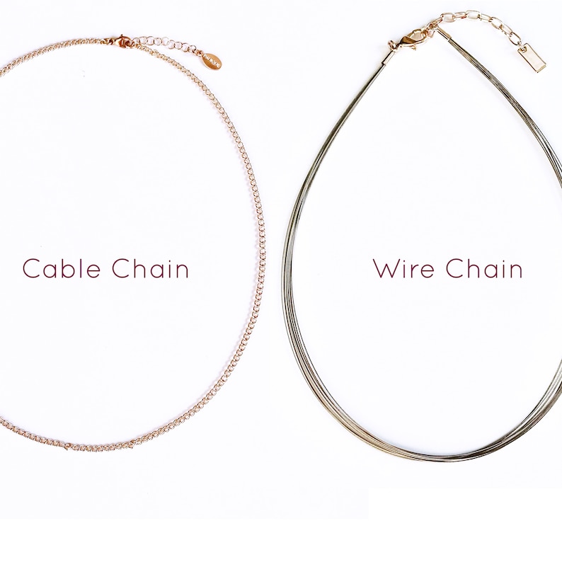 Two chain options for Necklace include an adjustable rose gold cable chain and an adjustable brown painted steel wire chain with rose gold plated parts