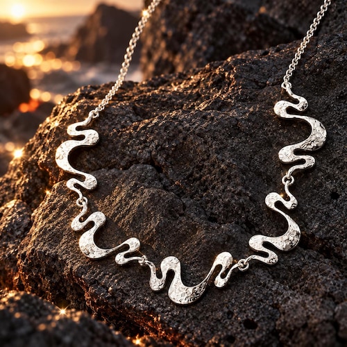 Boho Shifting Waves Necklace, Sculptural Statement Collar, Abstract Wavy Jewelry, Gold Silver Rose Gold, Modern Wearable Art Gift for Her