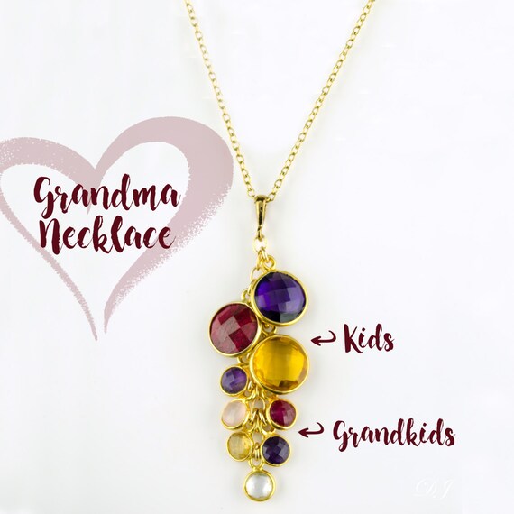 grandma necklace with grandkids birthstones gold