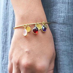 Personalized Bangle Bracelet with Birthstone and Initial Charms • Mother&#39;s Charm Bracelet • Custom Christmas Gift for Mom or Grandmother