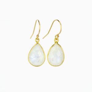 Rainbow Moonstone Earrings, June Birthstone Earrings Everyday Gold earrings, Bridesmaid earrings, Framed Stone, Teardrop GemStone earrings