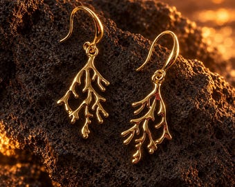 Coral Crush Branch Dangle Earrings, Gold or Silver Organic Statement Earrings, Sculptural Nature Inspired Boho Drop Earrings Gift for Her