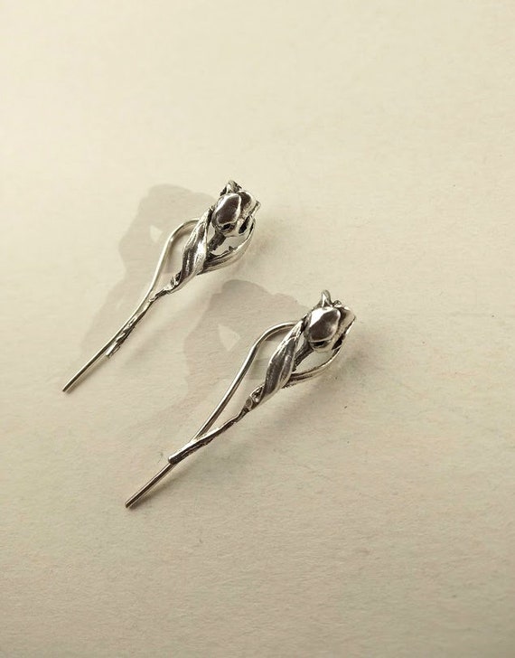 Silver earrings, vintage earrings, silver roses, r