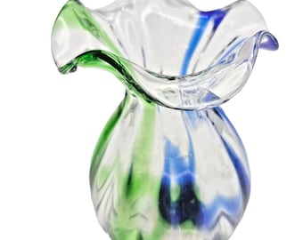 Vintage kleine Bud Vase Kunst Glas Murano Stil gekräuselte Rand blau / grün 5 "Tall