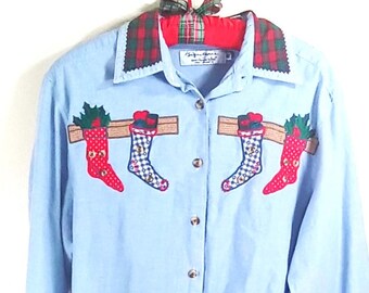 Signature by Northern Isle Christmas Shirt Women's Size 10 Blue Chambray Vintage