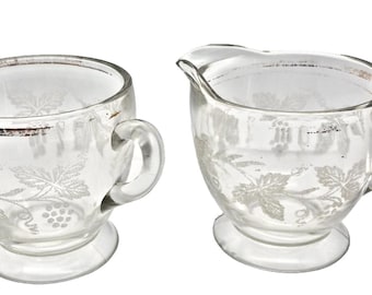 Set di zuccheriera e lattiera in vetro vintage, uva dorata incisa, Bartlett Collins. Vedi condizioni.
