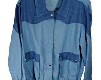 VTG Westernhemd Shacket Langarm Druckknöpfe Herrengröße L Blau Colorblock
