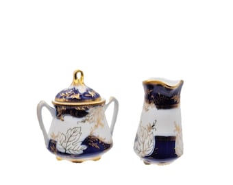 Fine Porcelain Cobalt Blue Gold Floral Creamer & Sugar Bowl Lid Set China