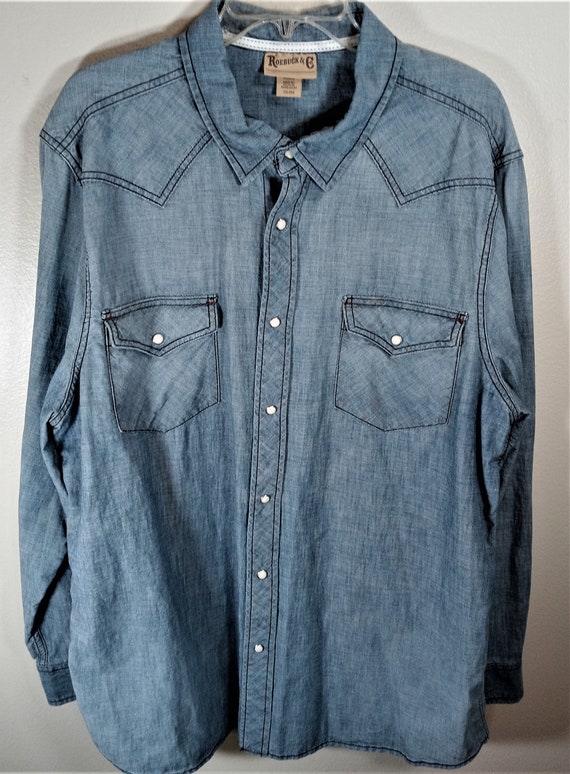 Vintage Roebucks Denim Men's Shirt 2XL Pearl Snaps