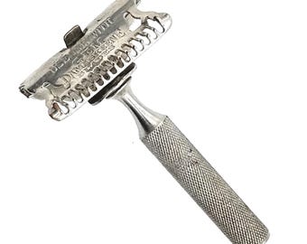 Navaja de afeitar vintage Gem Cutlery Co. de Damasco, de un solo filo, plateada, fabricada en EE. UU.