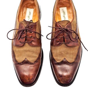 orange dress with brown shoes Mezlan Oxford Toe Cap Brown