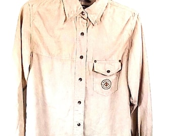 Camicia a maniche lunghe Harley Davidson taglia media beige con bottoni sul davanti, stile vintage