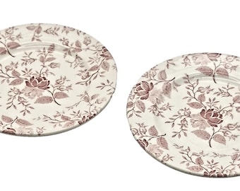 2 English Ironstone Transfer Ware Plates Red Rose Floral Calico Salad EIT 7”