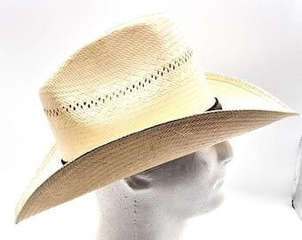 VTG 70's Stetson Roadrunner Straw Cowboy Hat 7 3/8 Feather and Band Bryancote Finish