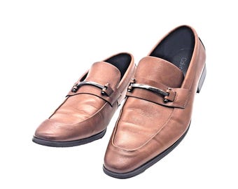 Calvin Klein Men's Loafers Metal Bar Malcome Slip-On Brown Casual Shoes Size 9.5