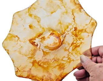 Vintage Murano Art Glass Bowl Lavorazione Arte Ruffled Edge Amber Marble effect