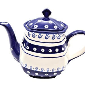 Vtg Kent Pottery Teapot & Lid Blue White Dots Loops Stripes Porcelain 8" Tall