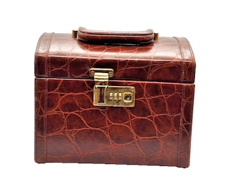 Vintage Dillard's Vanity Train Case Alligator Embossed Leather Brown Makeup Box