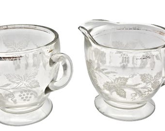 Vtg Glass Sugar & Creamer Set Golden Grape Etched Bartlett Collins See Condition