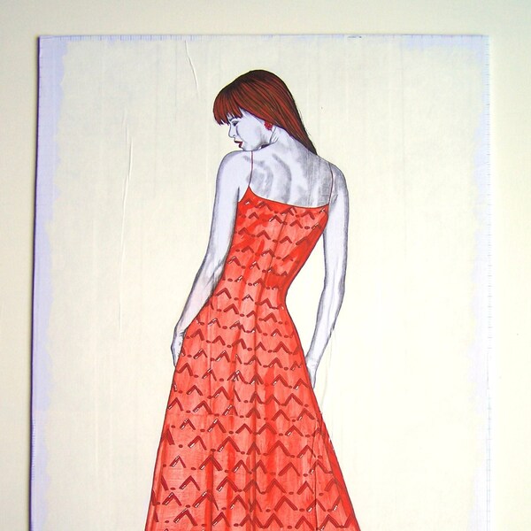 Aquarelle écarlate d'une femme de dos gracieuse en robe longue, visage de profil cheveux et chaussures rouges