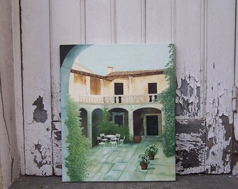 Oil painting on canvas of a flourishing open-air patio of a grand Spanish-style house