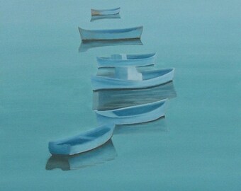 Turquoise landscape of small boats on peaceful water where their shadows are reflected. Oil painting on canvas