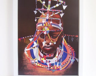 Teary-eyed Maasai Woman Portrait with Wedding Jewelry Set of Colorful Beaded Necklaces on Paper Print.