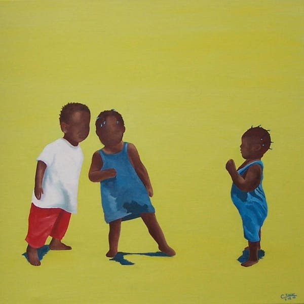 Peinture à l'huile originale et naïve, enfants d'Haïti, jaune lumineuse et moment de partage