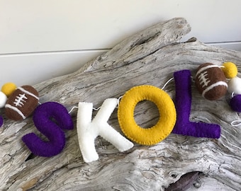 SKOL Felt Ball Word Garland - Football- Minnesota Vikings - Pom Pom  | Felt Word| Viking Decor | Man Cave | Sport Garland