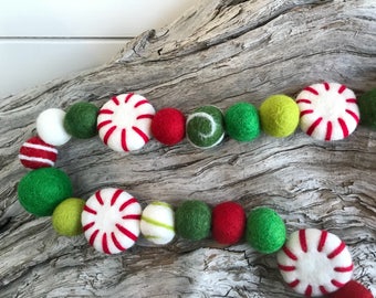 Hip Evergreen Peppermint Christmas Garland | Wool Felt Ball | Felt Ball Garland | Pom Pom | Polka Dot Swirl | Bunting