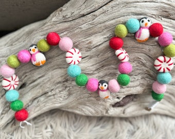 Xmas Kiss Peppermint Mini Penguin Christmas Winter Garland | Wool Felt Ball | FREE USA SHIPPING | Felt Ball Garland | Felt Penguin