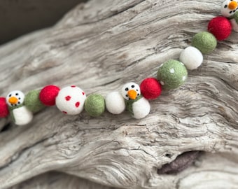 Red Fern White Mini Snowman Christmas Winter Garland | Wool Felt Ball | FREE USA Shipping| Felt Ball Garland | Pom Pom |