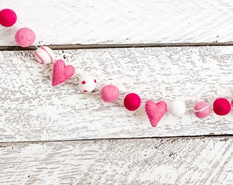 Rose Mini Stitched Heart Valentine Garland | Wool Felt Ball | FREE USA SHIPPING | Felt Ball Garland | Pom Pom | Valentine Party | Bunting