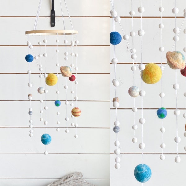 Solar System Felt Ball Mobile - Mini Felted Planets 2cm wool - FREE SHIPPING USA | Pom Pom Mobile | science | Outer Space Mobile Decor